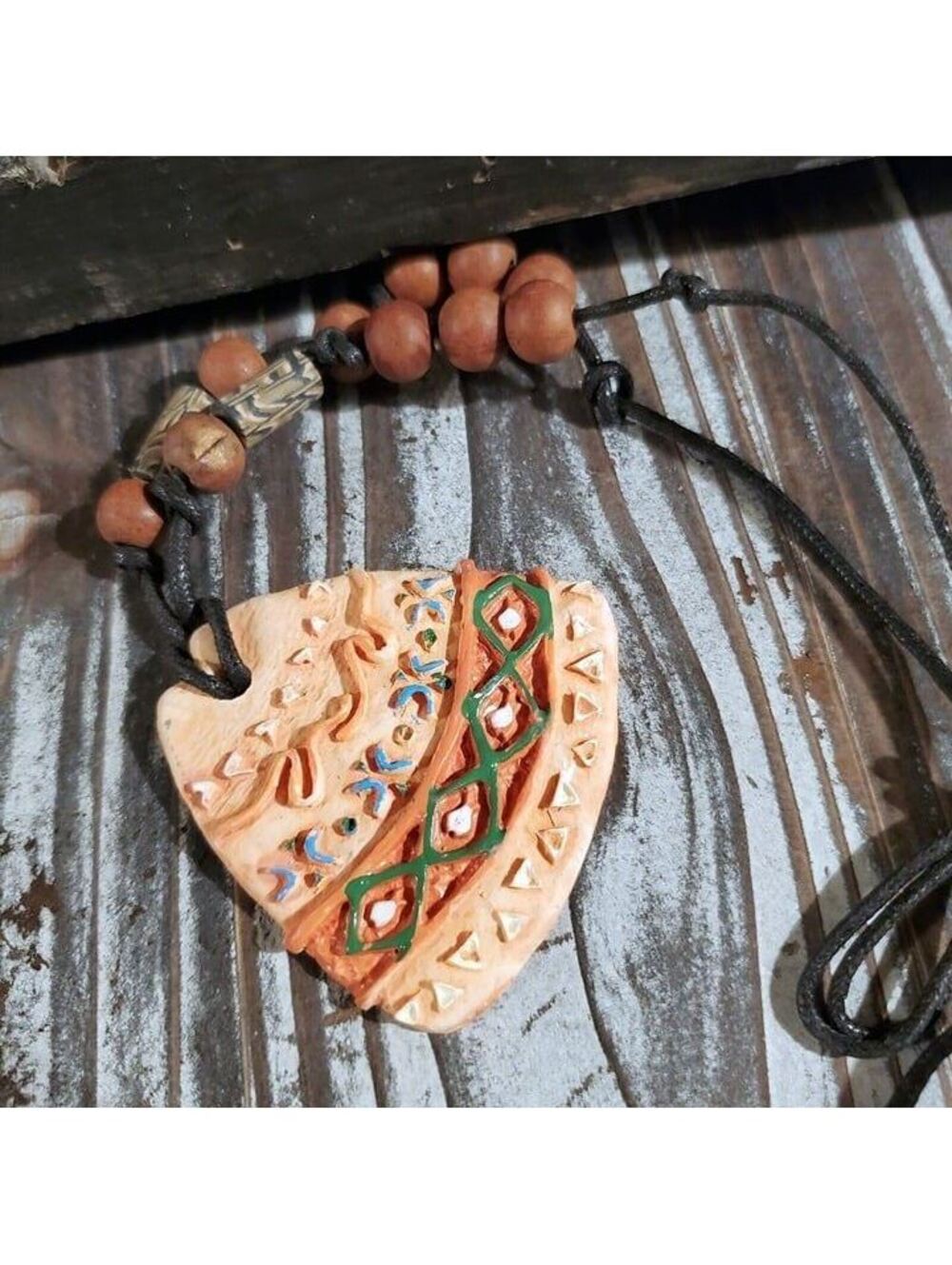 Artisan Rounded Triangle Unglazed Clay Black Cord Multi OOAK Pendant Necklace